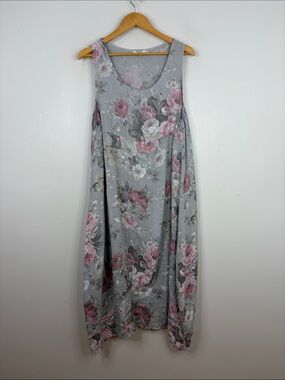 Linen Maxi Dress Womens XL Gray Pink Peony Floral Sleeveless Lantern Pockets